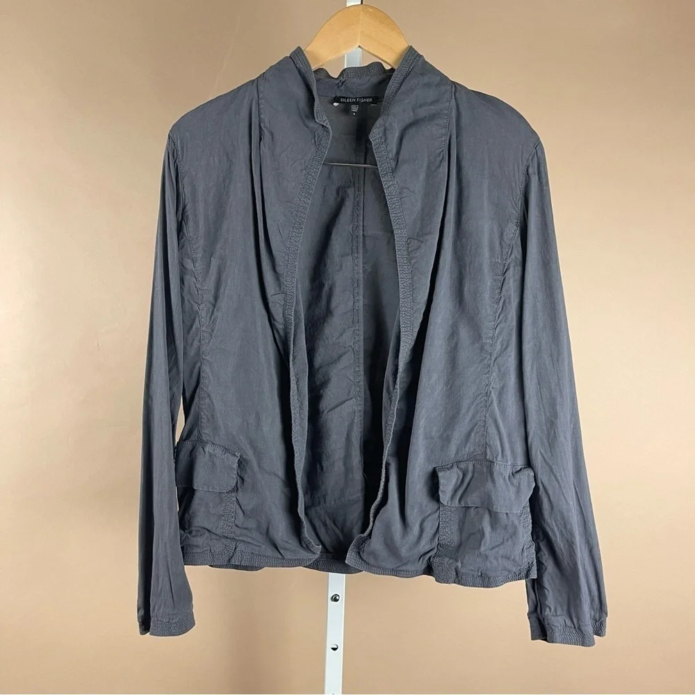 Eileen Fisher Blazer Women's Small Grey Linen Cardigan Front Pockets Stretch